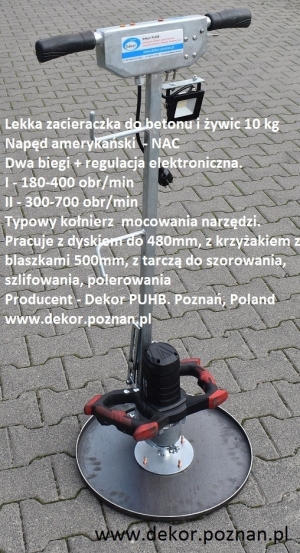 Zacieraczka lekka (10 kg). 
 Produkujemy w wersji na 230V i akumulatorowe